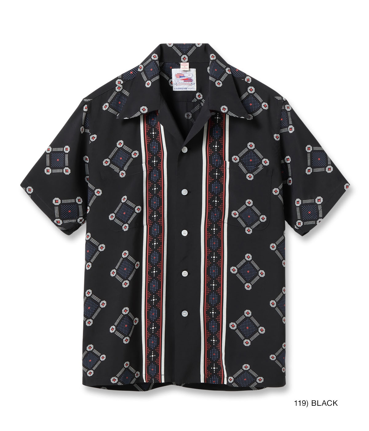 TITLE: “WESTCOAST PATTERN” ORIGINAL BRAND NAME: DUKE KAHANAMOKU ESTIMATED MANUFACTURING DATES: EARLY 1950s FABRIC: RAYON FUJIETTE PRINTING METHOD: DISCHARGE PRINTING PRINTING PATTERN: BORDER PATTERN BUTTON: WHITE SHELL BUTTON